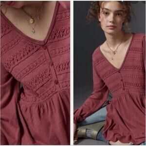 Anthropologie Womens L Rose Adriana Lace Tunic Top Ruffle Long Sleeve Boho Top
